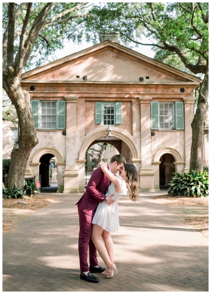 couple about to kiss on college of charleston campus engagement session engagement session
