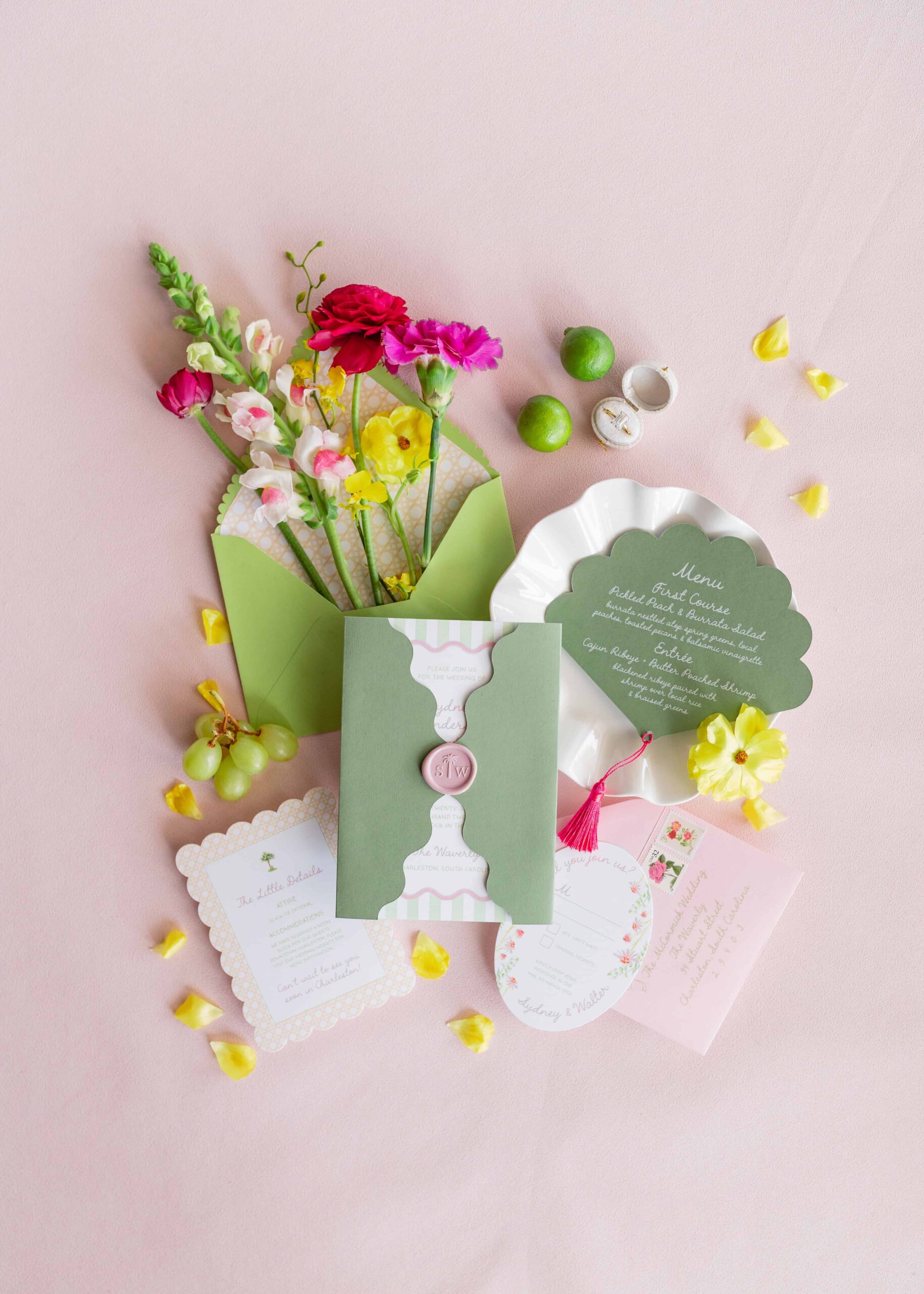 springtime soiree invitation flat lay