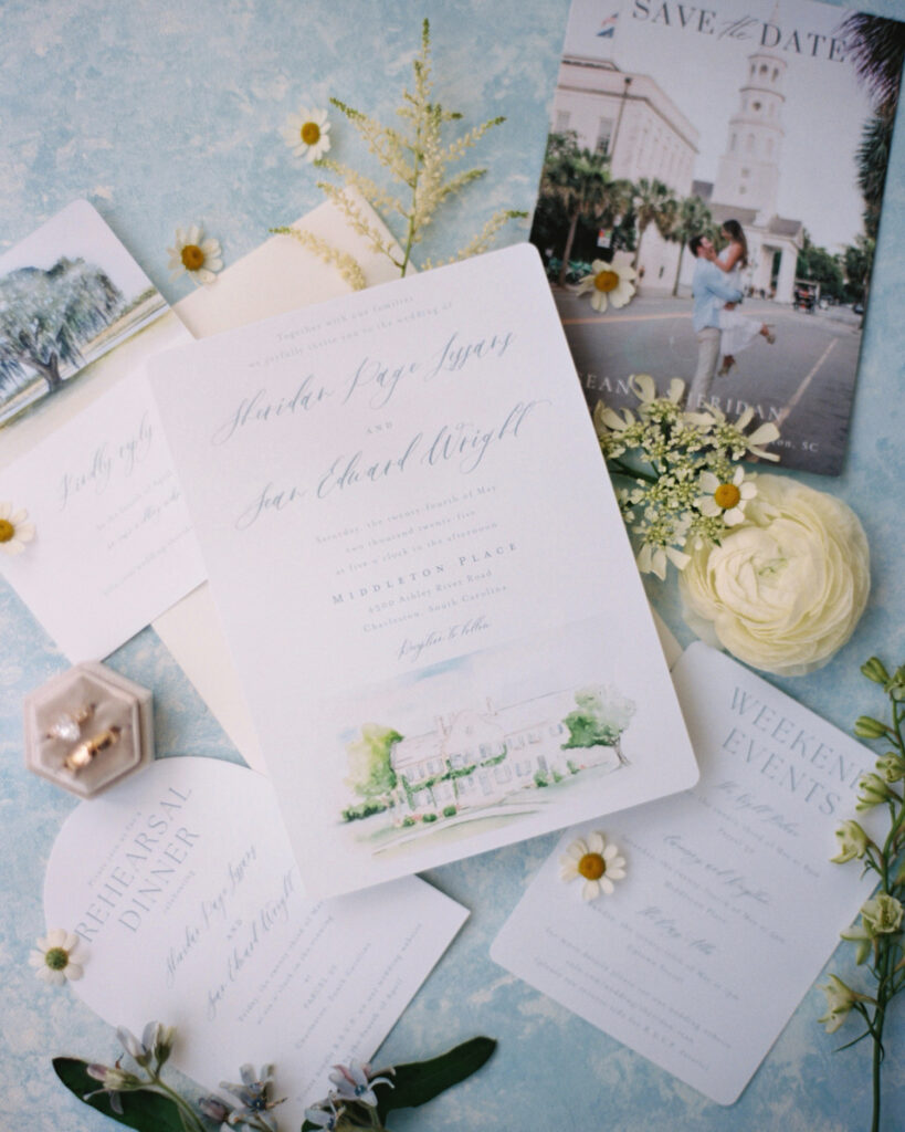 wedding invitation flatlay
