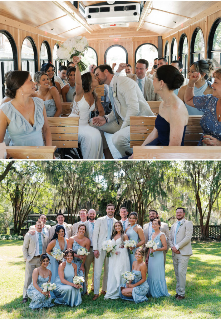 wedding party on trolley and at middleton place